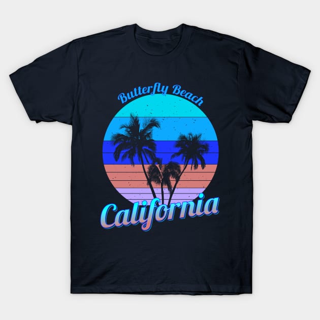 Butterfly Beach California Retro Palm Trees Beach Summer T-Shirt by macdonaldcreativestudios